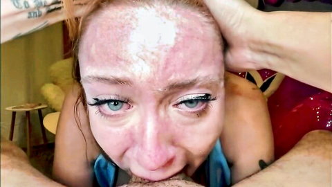 Redhead babe's cum-drenched face gripped roughly in intense POV facefuck