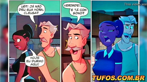 Hentai comic panels with curvy black babe in apron teasing older man before anime sex
