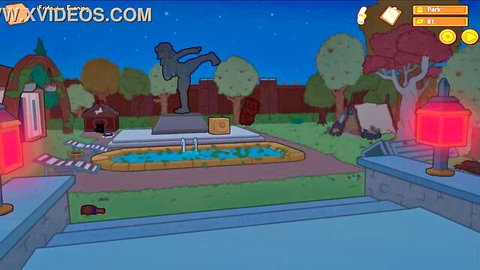 3D CGI cartoon park at night with kicking statue pool and red lanterns