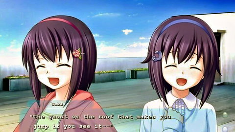 Cute anime schoolgirls smiling on rooftop, teasing futanari action