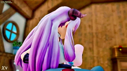 Purple-haired anime succubus with horns rides cock reverse cowgirl showing tight pussy penetration