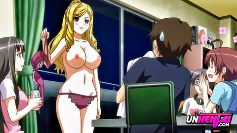 Blonde hentai girl with huge tits topless in pink panties teases roommates