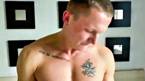 Oliver Strelly shirtless with chest tattoos in steamy threesome preview