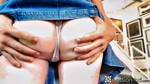 Brunette with small tits rides lover's hard cock in blue skirt and thong