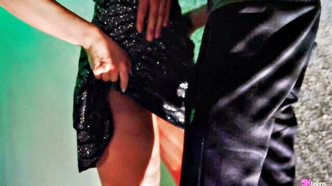 Marilyn Sugar teases partner in sparkling black dress, hot summer couple foreplay