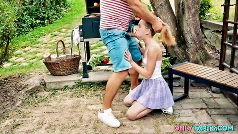 Maya Sinn skinny babe kneels for outdoor blowjob with ponytail pull