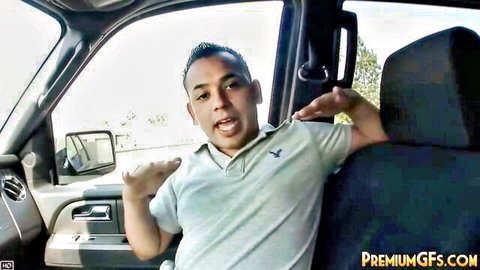 Little Summer amateur GF video thumbnail: Latino guy in truck gesturing, cowgirl tease