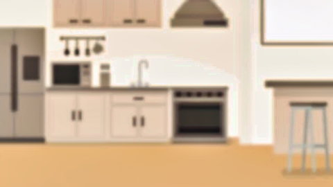 Illustrated empty modern kitchen with fridge, oven, sink, cabinets and bar stool