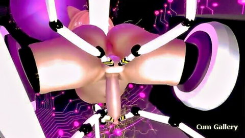 Cartoon futa catgirl bound spread-eagle by robotic arms with cum dripping from erect cock