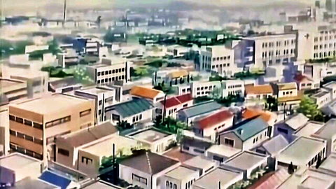Aerial view of colorful Japanese neighborhood in Class Reunion Ep.4 adult video