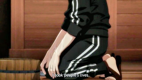 Anime ecchi scene: Michio kneeling in tracksuit, remorseful pose from Harem in the Labyrinth S1E1
