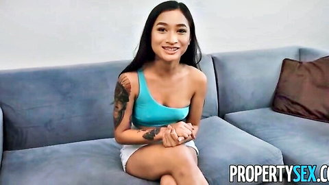 Avery Black cute Asian tenant in blue one-shoulder top and shorts