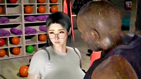 Submissive Asian woman with glasses in revealing top teased by muscular black man richy_big_tom in 3D gym scene