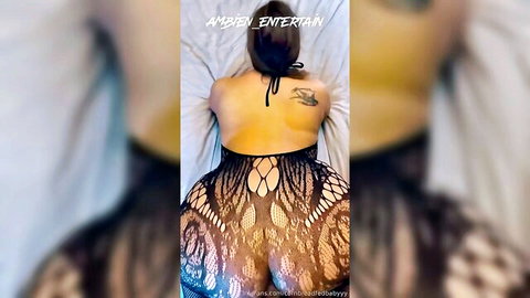 Curvy BBW in sheer black lace lingerie, big ass view from behind with back tattoo