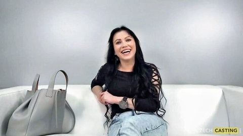 Busty Sabina smiling in black top and jeans on hot Czech Casting