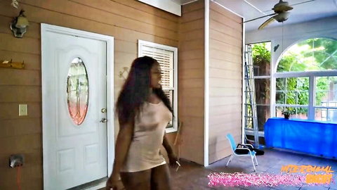 Curvy ebony PAWG in tight tank top and shorts on porch tease