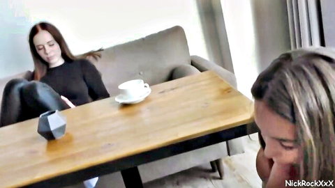 Hazel Grace and brunette teen in casual black tops teasing at table