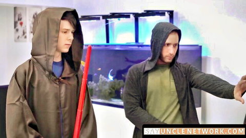 Hooded twink stepson in robe roleplays with stepdad before kinky rimming