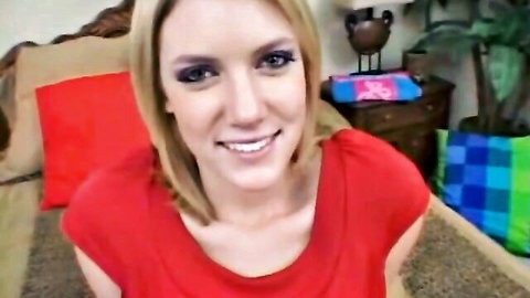 Blonde Riley smiling seductively in red top, Riley's Rock Hard Run
