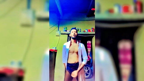 Bangladeshi sissy Abir masturbating with open shirt and pants down