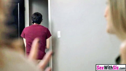 Stepbro in red shirt approaches petite teen stepsis and redhead friend in hallway