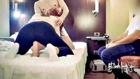 Cuckold wife in yoga pants fucked doggy style by friend while husband watches