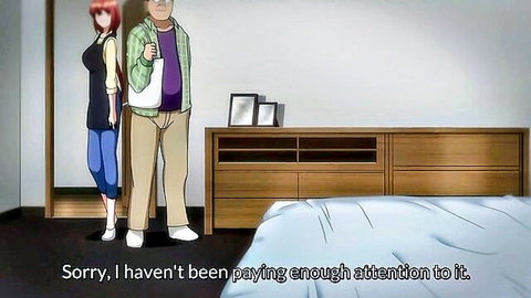 Anime redhead in tight outfit with man in bedroom from Saimin Seishidou hentai