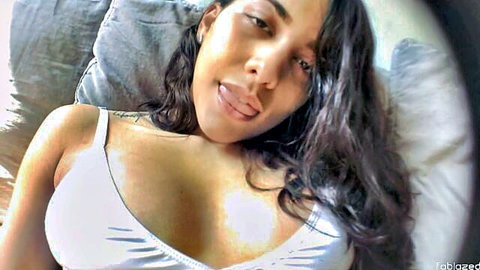 Latina in white lingerie masturbating and teasing with wet orgasm