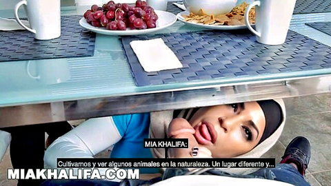 Mia Khalifa teasing under table in hijab, threesome with Julianna Vega