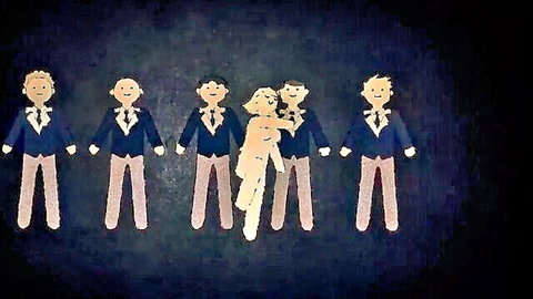 Cartoon nude blonde woman smiling surrounded by five uniformed men