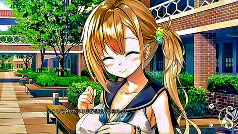 Blonde hentai schoolgirl exposing large breasts in open sailor uniform