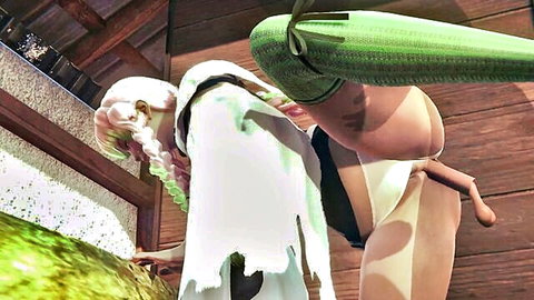 Mitsuri Kanroji 3D hentai in green stockings, bent over with dildo tease