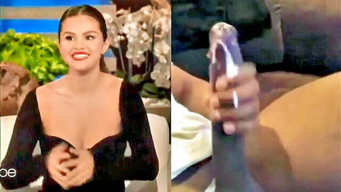 Latina Selena Gomez smiles with deep cleavage as black hand grips cum-covered huge purple dildo