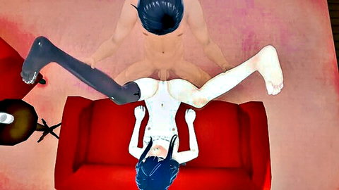 Blue-haired hentai babe in thigh-high stockings spreads legs wide for cock penetration on red couch