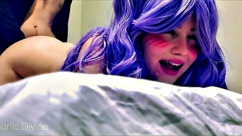 Ahegao girl with purple wig cuffed and fucked doggy style
