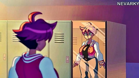 Anime schoolgirl in uniform views busty reflection posing in revealing bikini