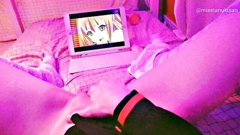 Shaved pink pussy spread wide by fingers while watching hentai porn on laptop