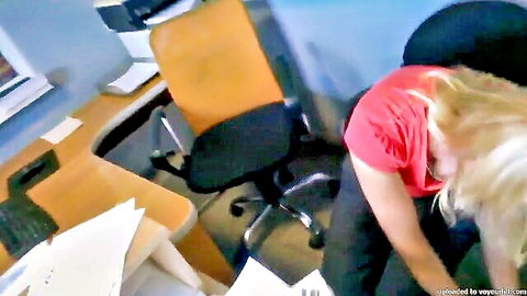 Hungarian blonde co-worker downblouse showing cleavage in office