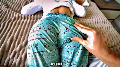 Step sister in green heart pajamas gets ass grabbed during massage