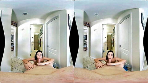 Karlee Grey topless in VR hallway, spreading legs and touching breasts