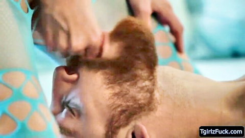 Mandy Mitchell grabs Sebastian Keys' red hair for intense blowjob in blue fishnets
