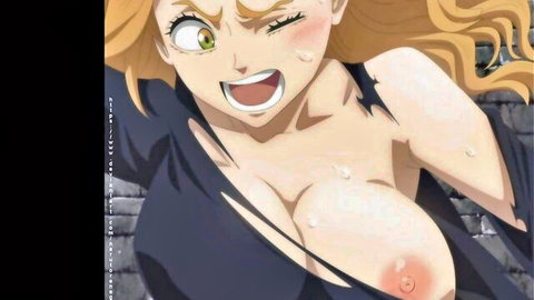 Ahegao anime girl with orange hair exposing massive bare tits and hard nipples.