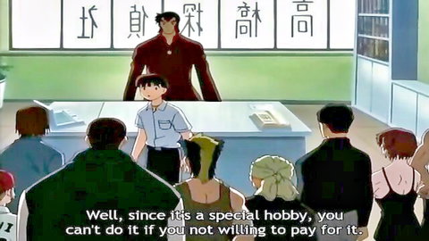 Anime classroom scene with characters discussing paying for a special hobby