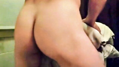 Muscular hunk's bare ass from behind in bathroom, hands-free orgasm tease
