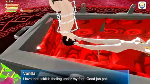Anime vampire Vanilla dominates bound man with feet in red whirlpool tub