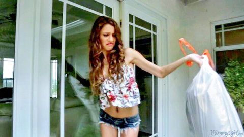 Rebel Lynn in floral tank top and denim shorts, emotional chore duty scene