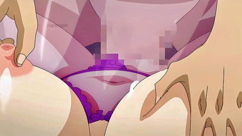 Anime hentai scene of curvy girl with large pale breasts and exposed intimate area being touched