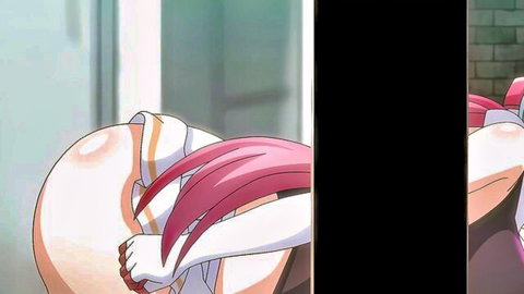 Pink-haired anime girl squeezing exposed massive breasts in white uniform
