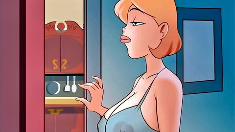 Busty blonde hentai babe in skimpy blue dress exposing huge tits cleavage rummaging in cabinet