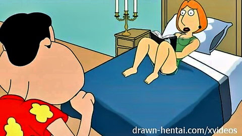 Peter Griffin stares hungrily at Lois' crotch as she spreads legs wide on bed in Family Guy hentai parody